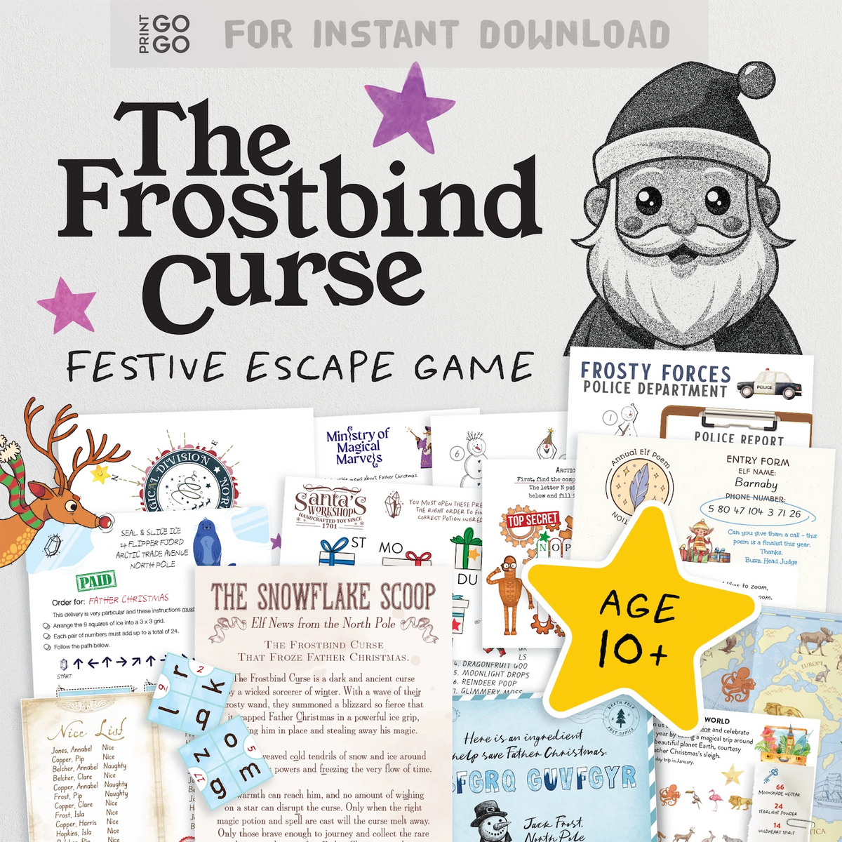 Example content for 'The Frostbind Curse', a printable family escape room for ages 10+.