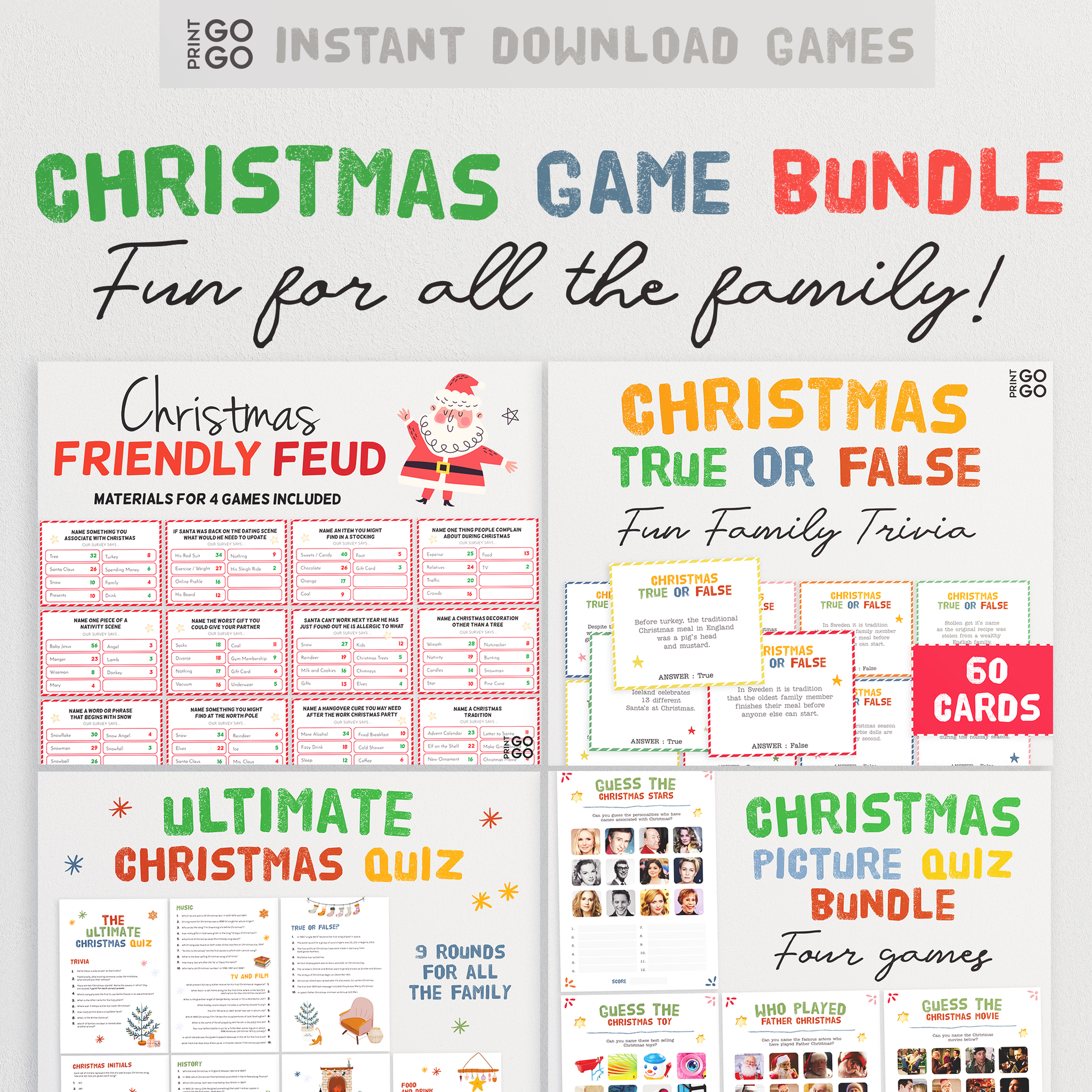 Christmas Game Bundle | Family Christmas Games | Christmas Trivia Pub Quiz | Holiday Family Feud | Xmas True or False | Picture Quiz Bundle