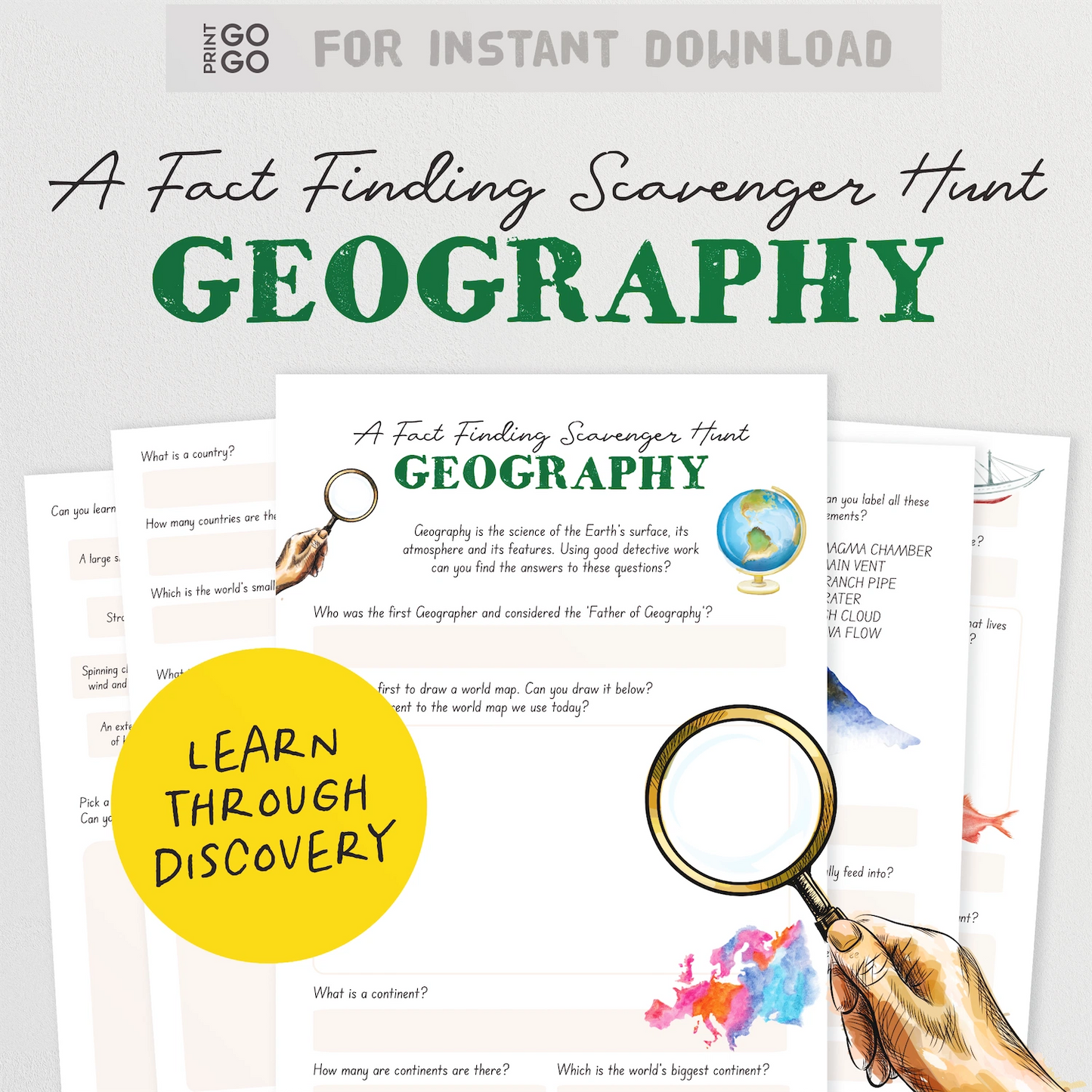 Digital cover graphic for a geography fact-finding scavenger hunt printable download, showing the title 'A Fact Finding Scavenger Hunt GEOGRAPHY' with layered worksheet pages, a magnifying glass, and a hand illustration on a white background.