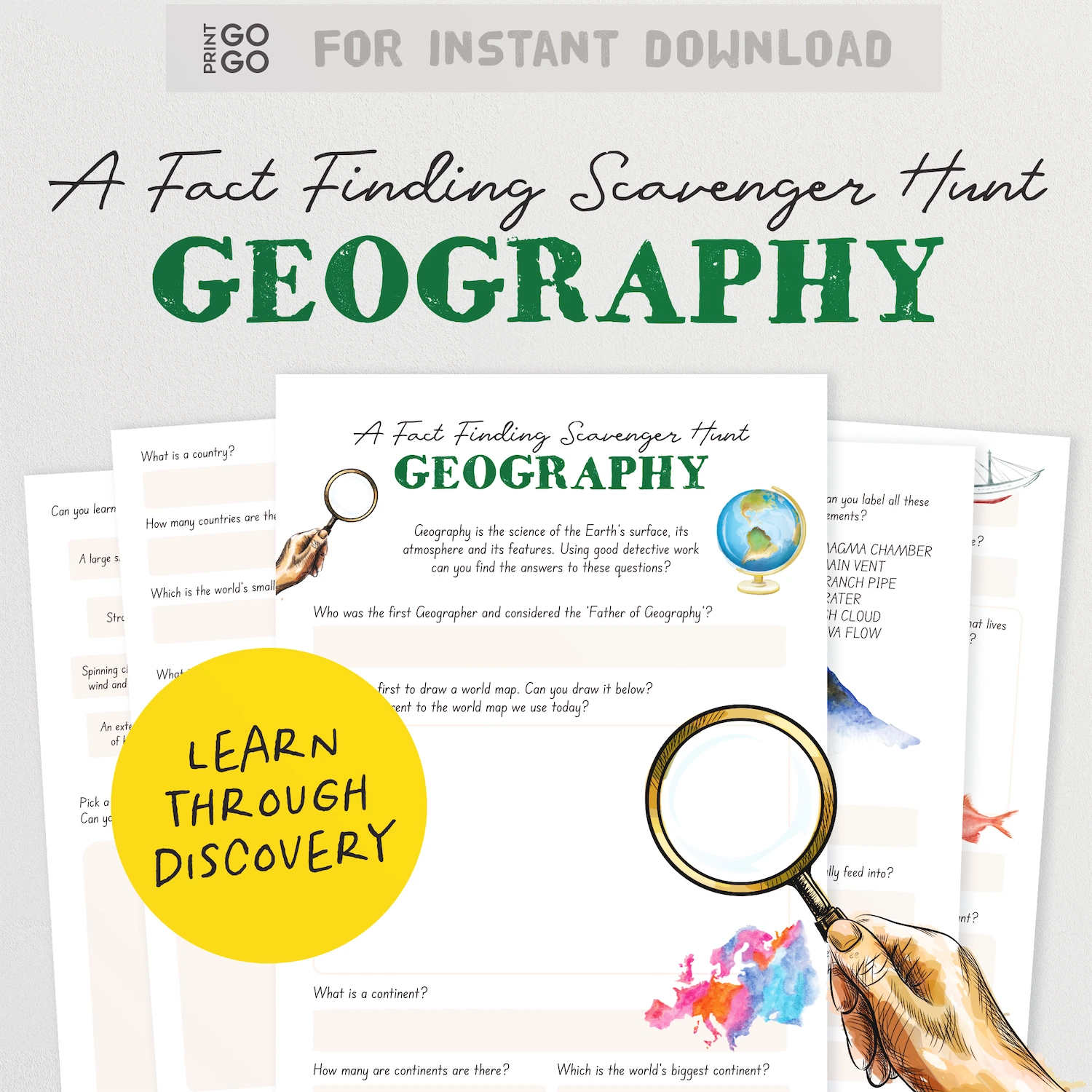 Digital cover graphic for a geography fact-finding scavenger hunt printable download, showing the title 'A Fact Finding Scavenger Hunt GEOGRAPHY' with layered worksheet pages, a magnifying glass, and a hand illustration on a white background.