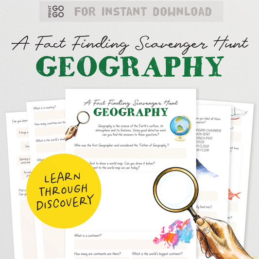 Digital cover graphic for a geography fact-finding scavenger hunt printable download, showing the title 'A Fact Finding Scavenger Hunt GEOGRAPHY' with layered worksheet pages, a magnifying glass, and a hand illustration on a white background.
