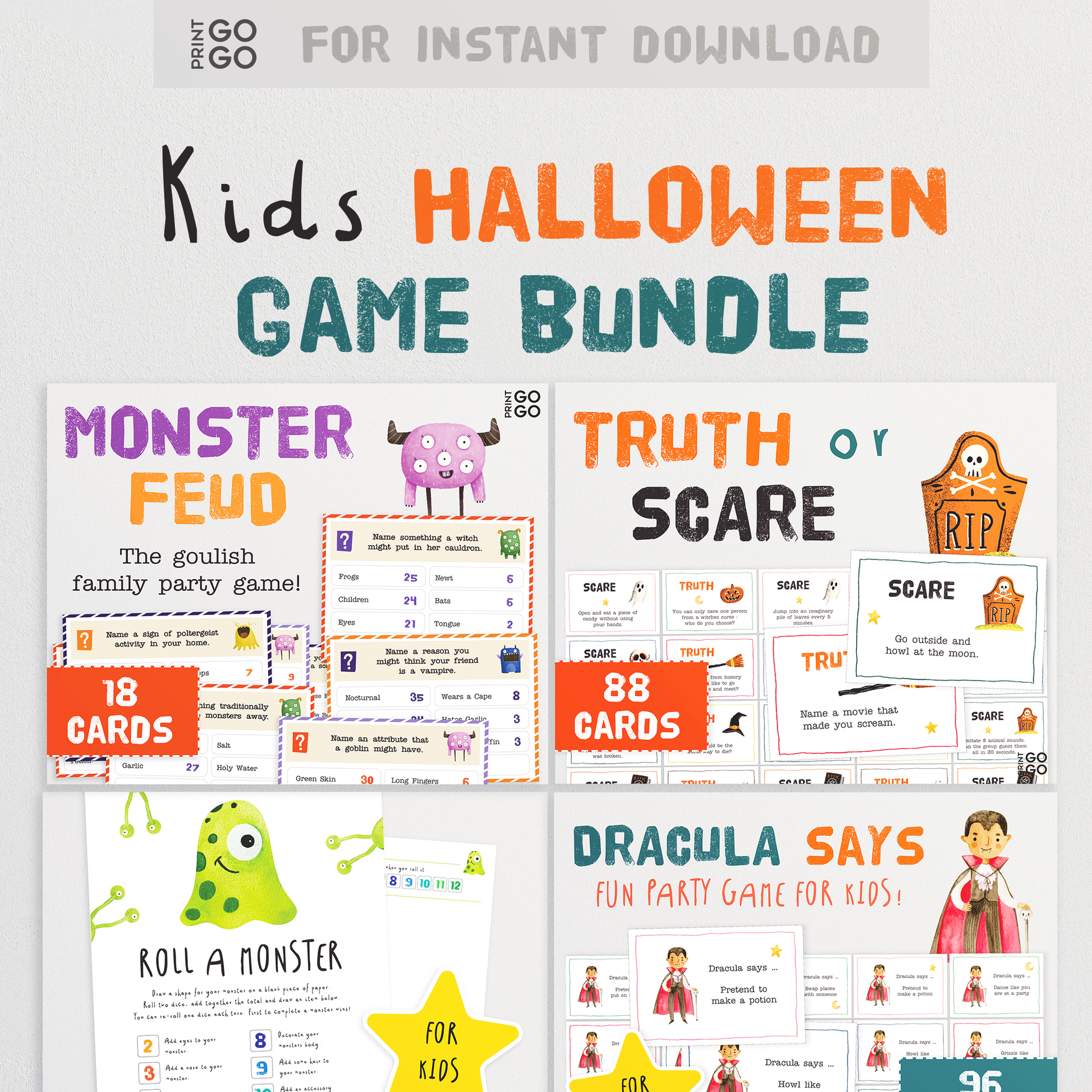 Kids Halloween Party Game Bundle - Fun Trick or Treat Alternatives To Print and Play At Home! Monster Feud | Truth or Scare | Dracula Says