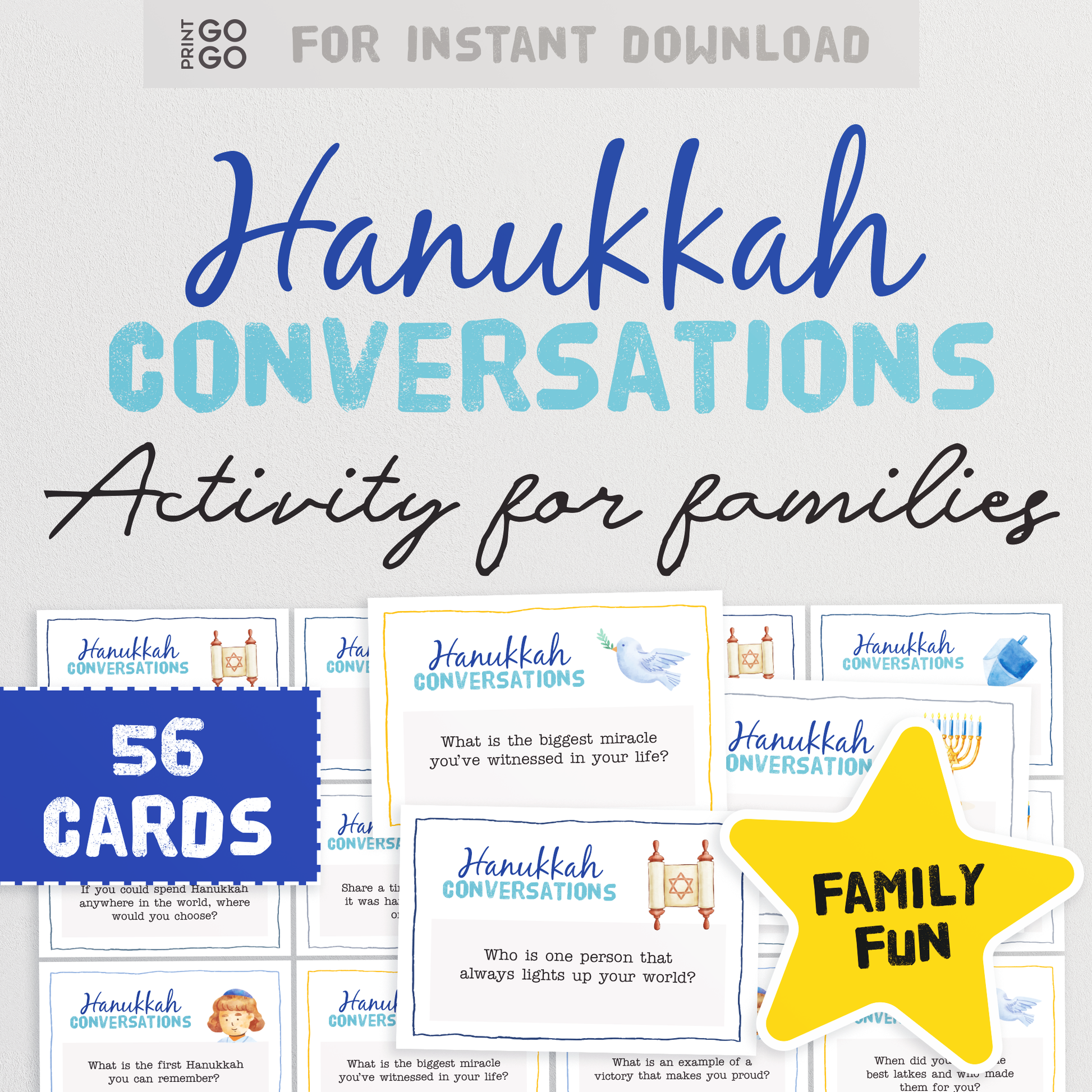 56 Hanukkah Conversation Cards - A Meaningful Activity for Families | Family Discussion Cards | Dinner Table Question Jar | Jewish Activity