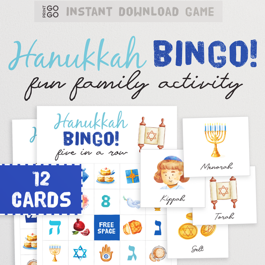 Hanukkah Bingo Cards - The Fun Jewish Party Game of Getting Five in a Row | Printable Festival of Lights Family Activities | Group Game
