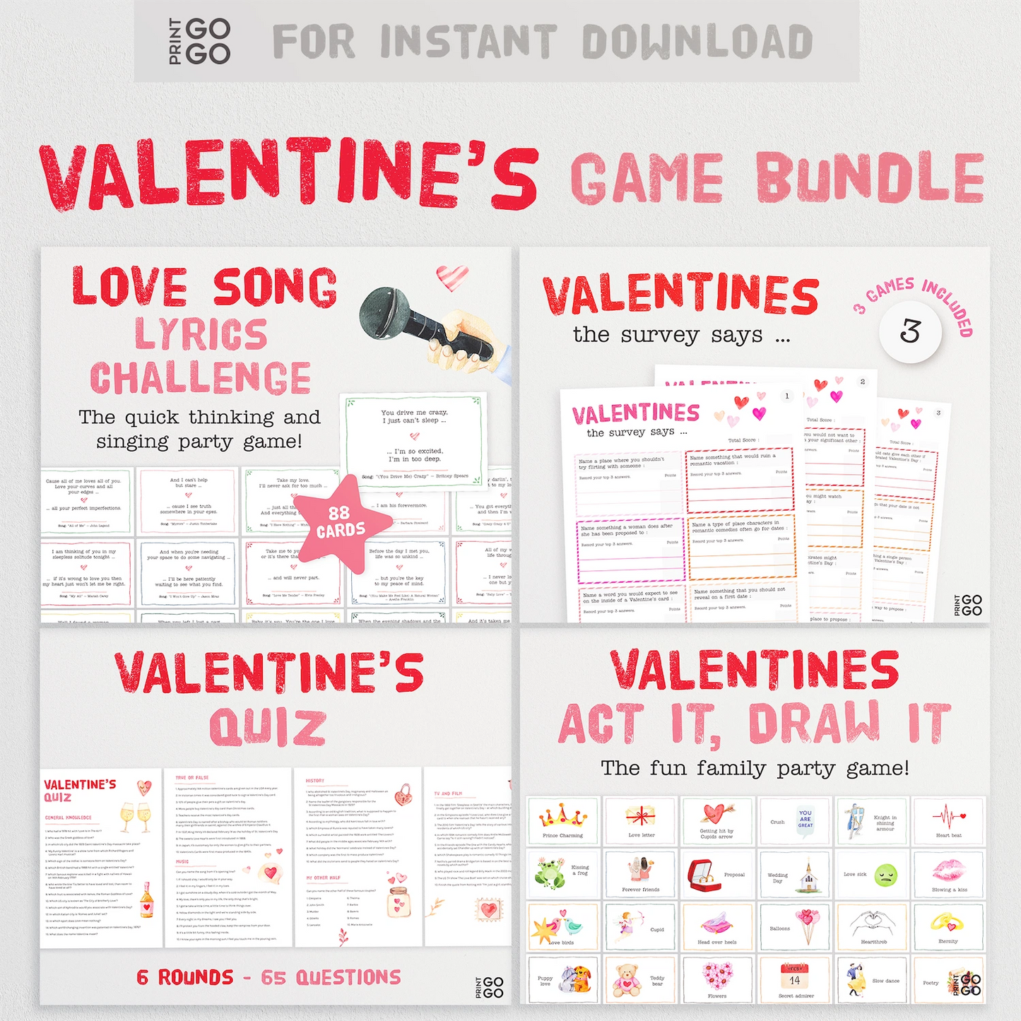 Valentine's Day game bundle with various activities on a white background