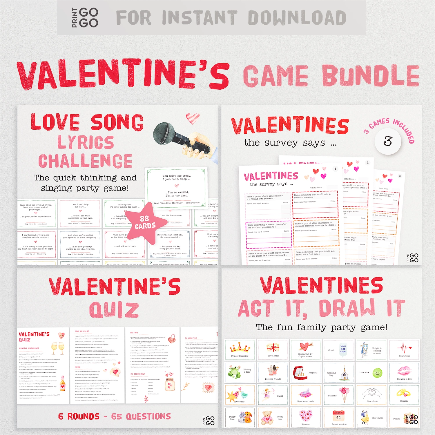 Valentine's Day game bundle with various activities on a white background