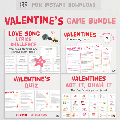 Valentine's Day game bundle with various activities on a white background