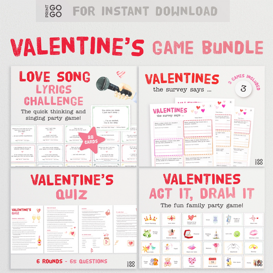 Valentine's Day game bundle with various activities on a white background