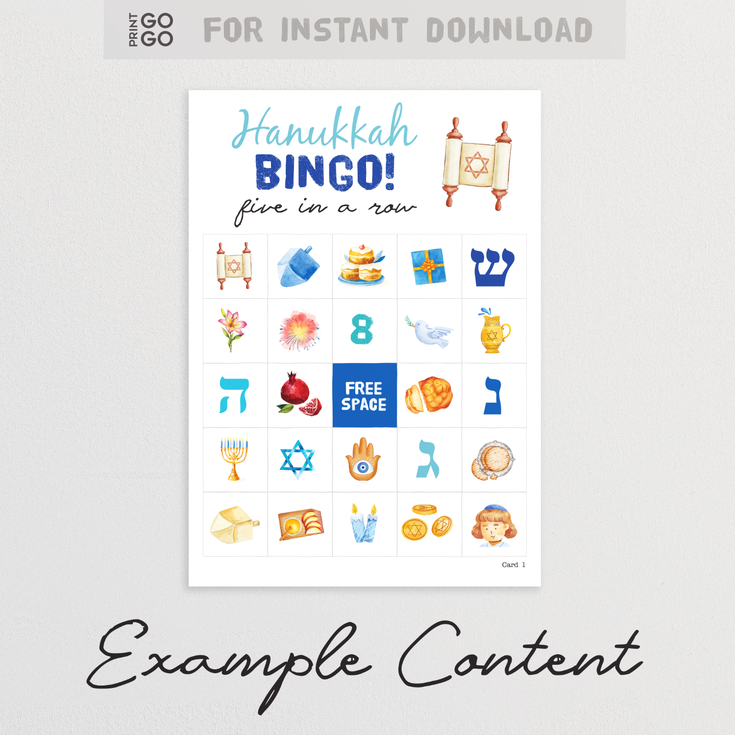 Hanukkah bingo cards. A Jewish printable party game of getting five in a row.