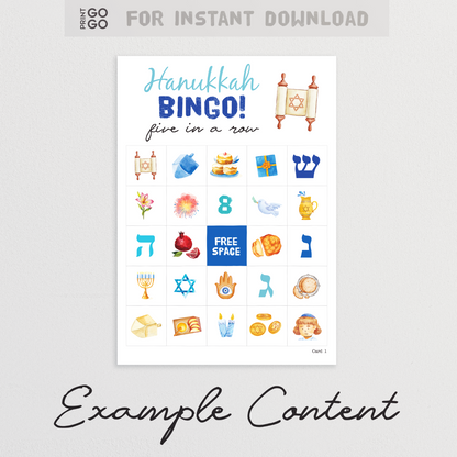 Hanukkah bingo cards. A Jewish printable party game of getting five in a row.