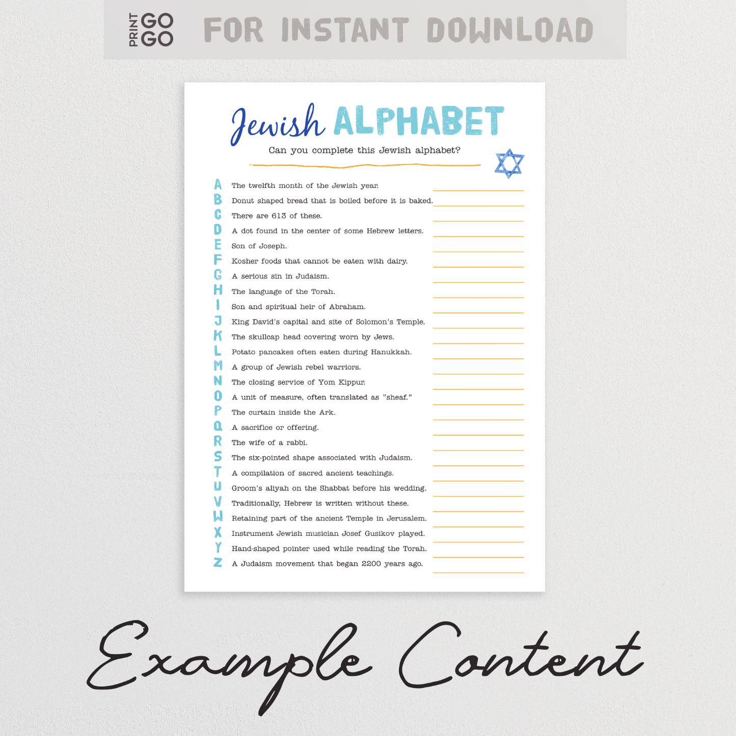 An example of a Jewish trivia quiz featuring an A-Z list of questions and a space to record answers.