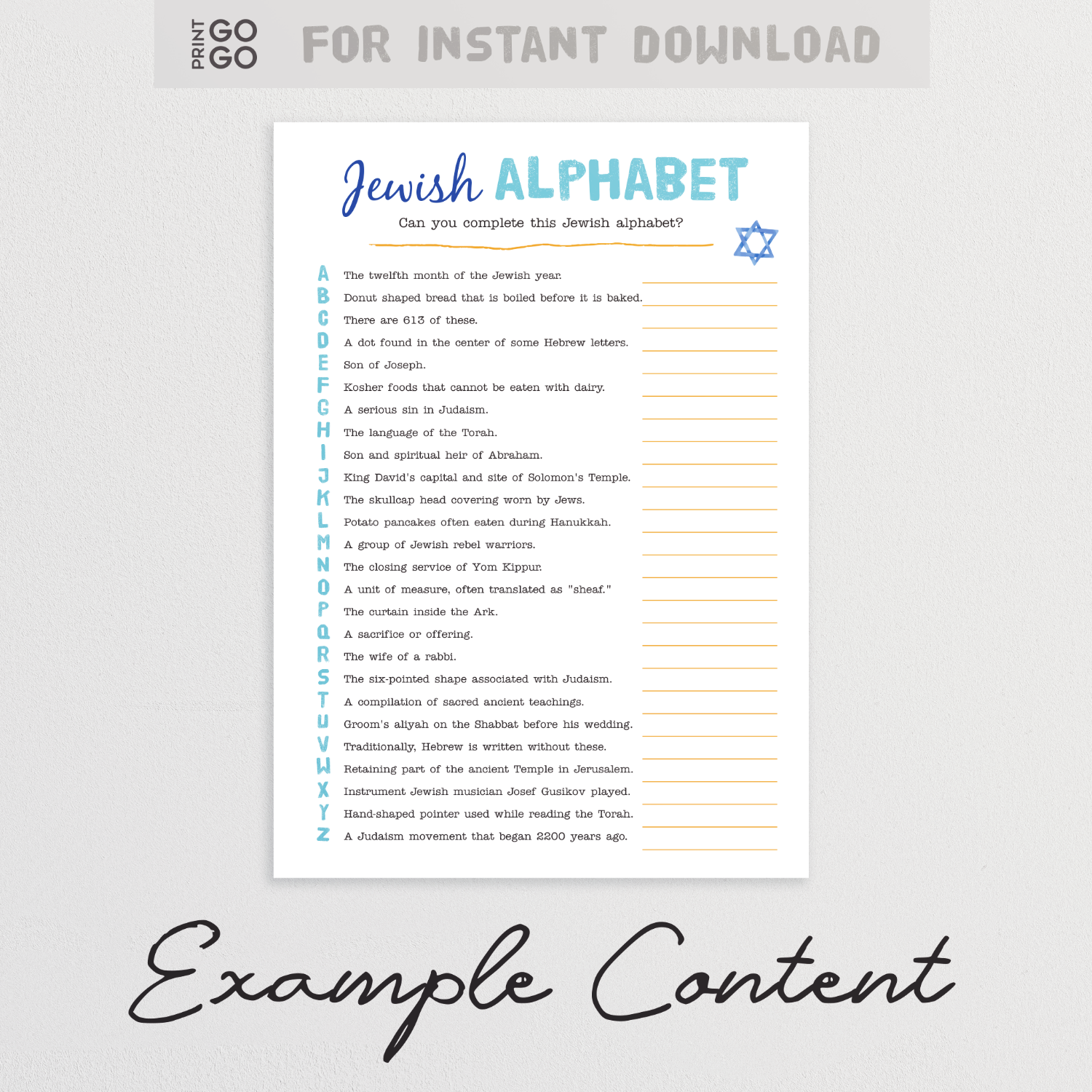 An example of a Jewish trivia quiz featuring an A-Z list of questions and a space to record answers.