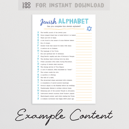 An example of a Jewish trivia quiz featuring an A-Z list of questions and a space to record answers.