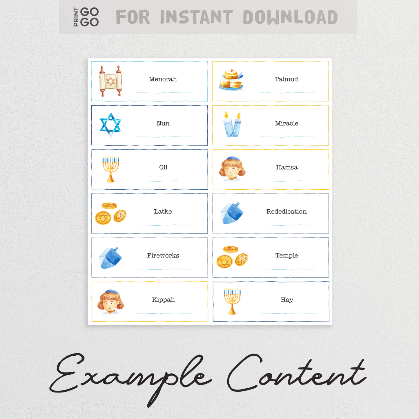 Hanukkah Charades, a family party game featuring Jewish-themed illustrations and prompts. For instant download.