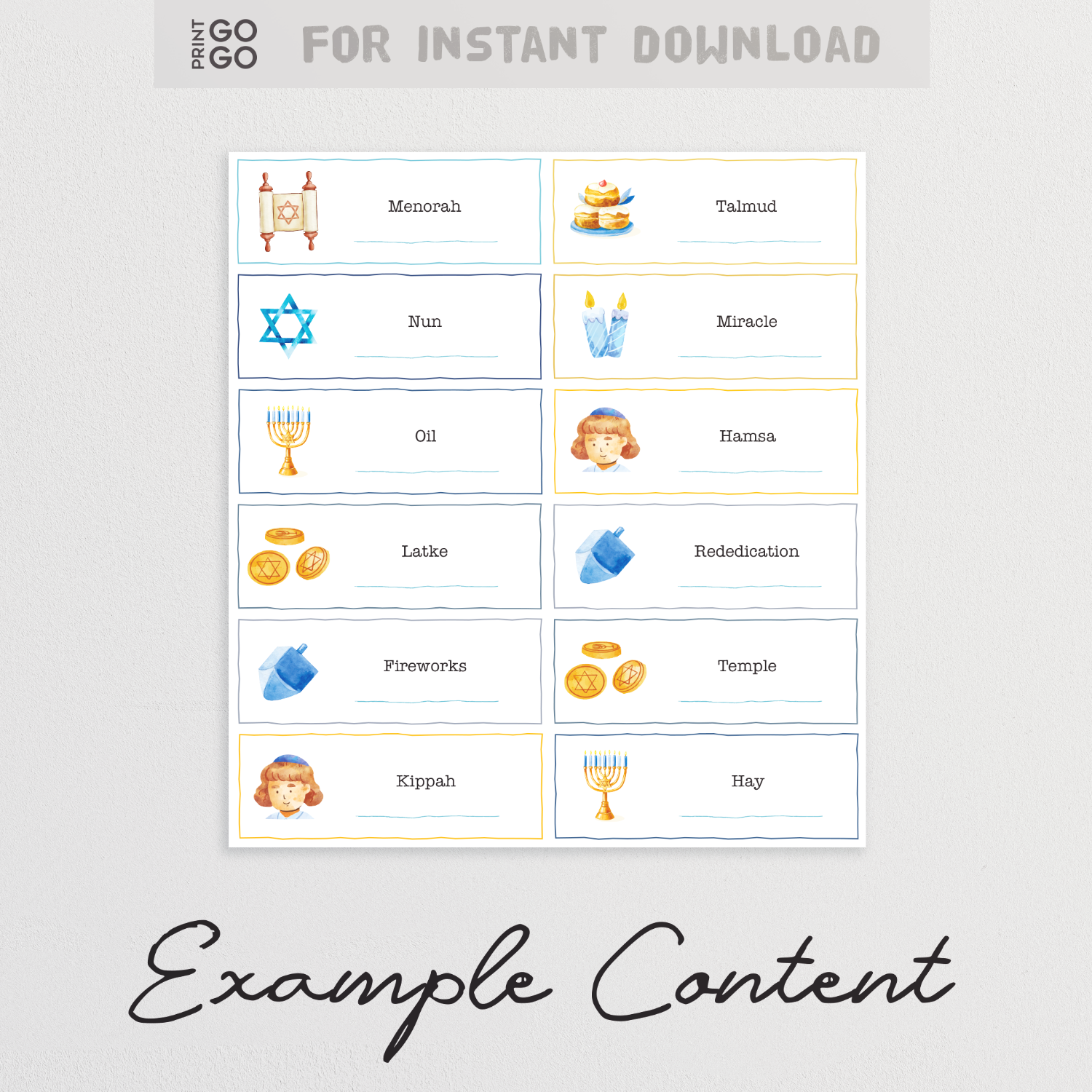Hanukkah Charades, a family party game featuring Jewish-themed illustrations and prompts. For instant download.