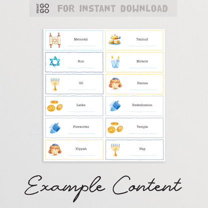 Hanukkah Charades, a family party game featuring Jewish-themed illustrations and prompts. For instant download.