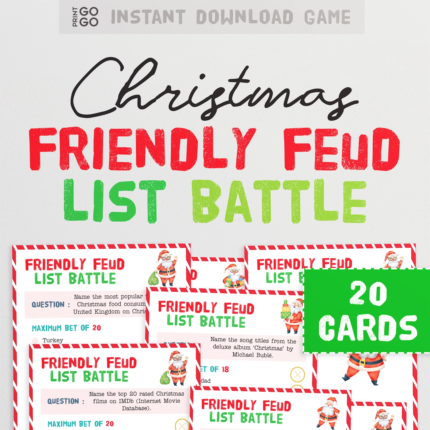 Christmas-themed 'Friendly Feud List Battle' game with 20 cards on a white background.