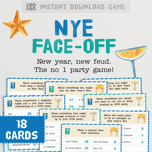 NYE Face-Off game packaging with cards and party-themed graphics on a white background