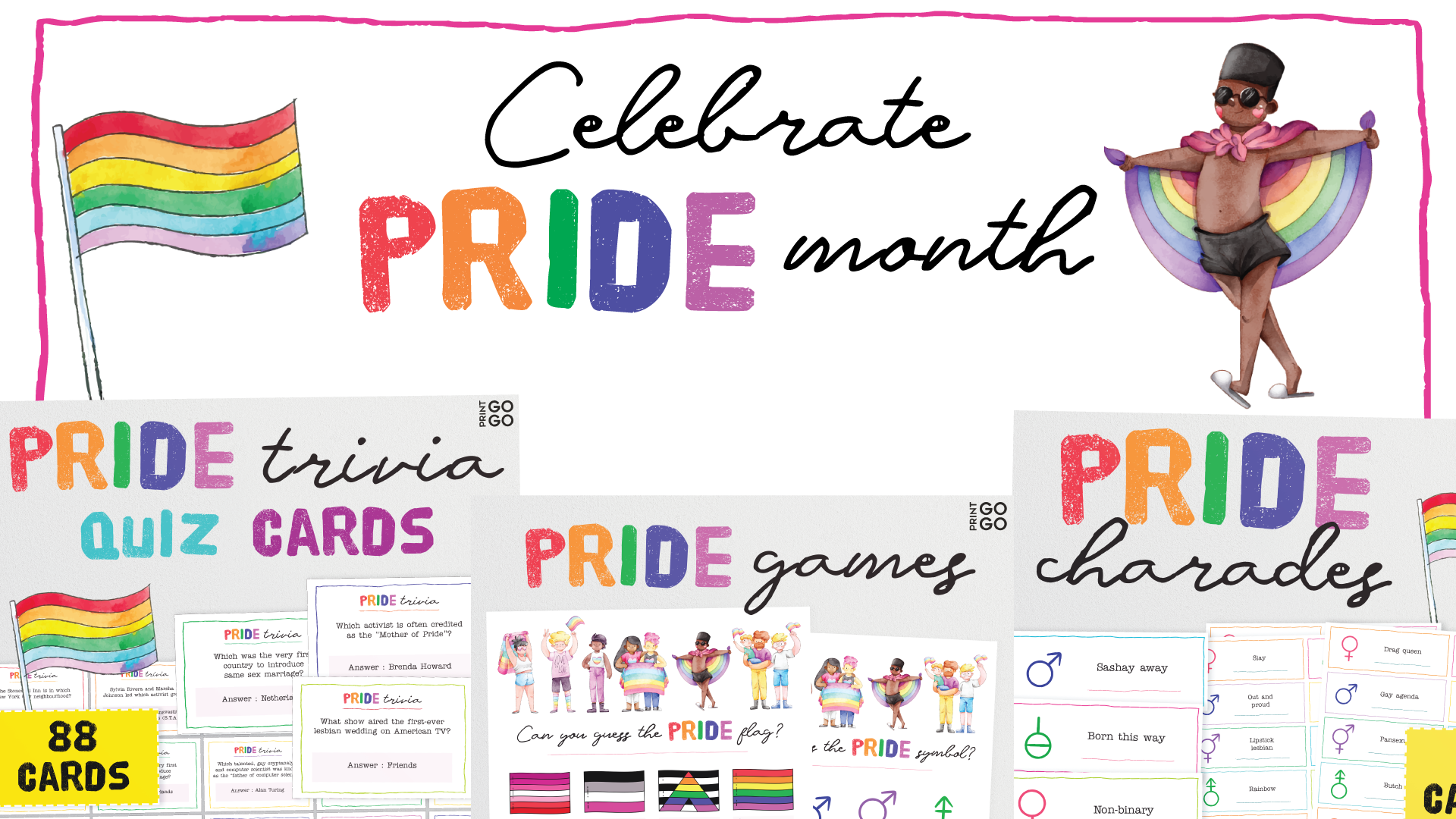 A collection of games and activities to celebrate the LGBTQI+ community all year round. From printable trivia quiz questions, picture quizzes and pride charades.