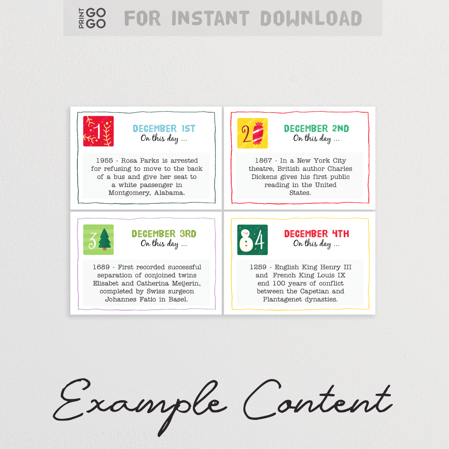 A close up example of an Advent History Card. Four cards are shown; each shows a colourful and illustrated date and a fact from history. A banner explains this is example content and the item is available for instant download.