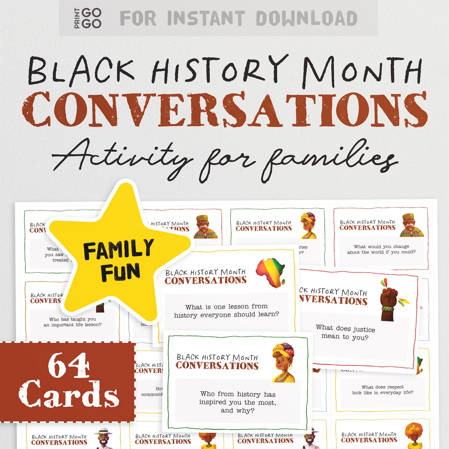 Instant download Black History Month conversations card activity for families.