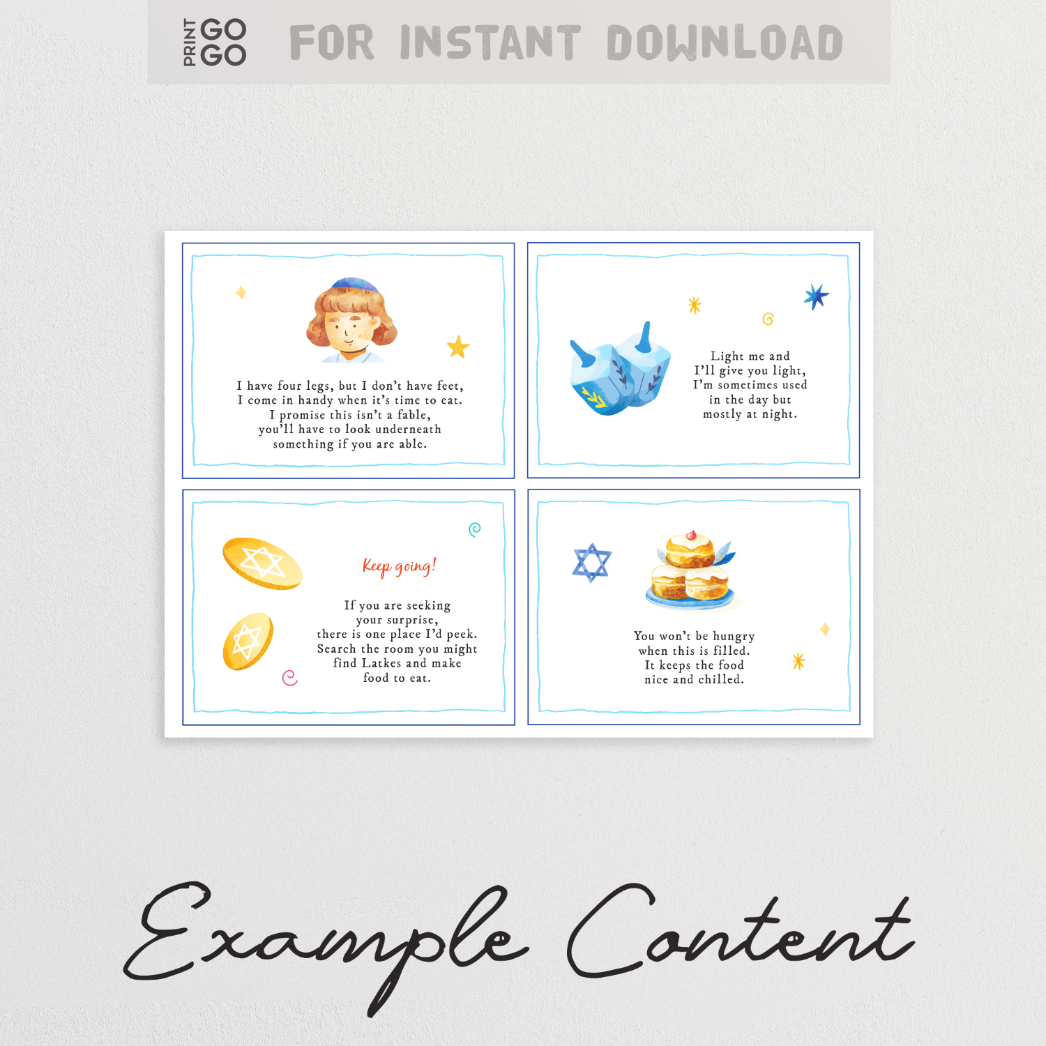 Hanukkah Scavenger Hunt for kids. Four example cards are shown with Jewish-themed text and illustrations.