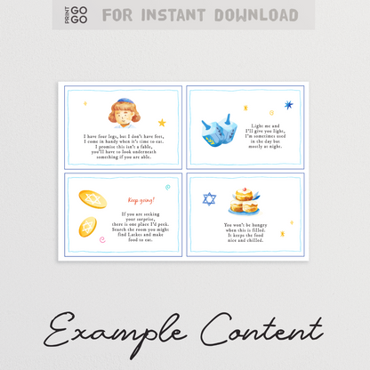 Hanukkah Scavenger Hunt for kids. Four example cards are shown with Jewish-themed text and illustrations.