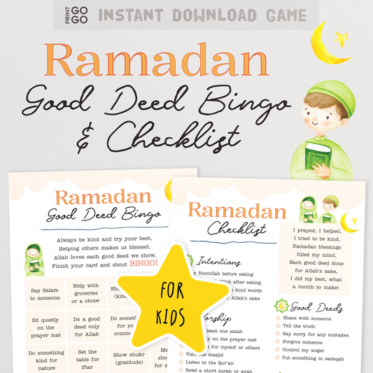 Ramadan-themed 'Good Deed Bingo & Checklist' for kids with a child holding a book and crescent moon illustration.