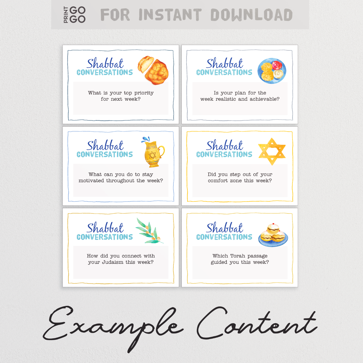 An example of Shabbat Conversation Cards, on white paper with colourful watercolour illustrations.