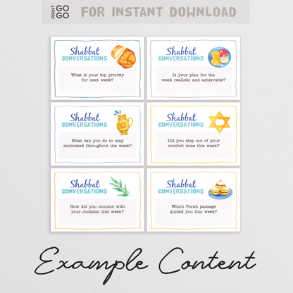 An example of Shabbat Conversation Cards, on white paper with colourful watercolour illustrations.