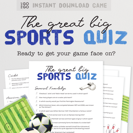 Sports quiz game with question sheets and sports-themed items on a white background
