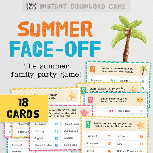 Instant download Summer-themed face-off game with cards and palm tree illustration on a white background