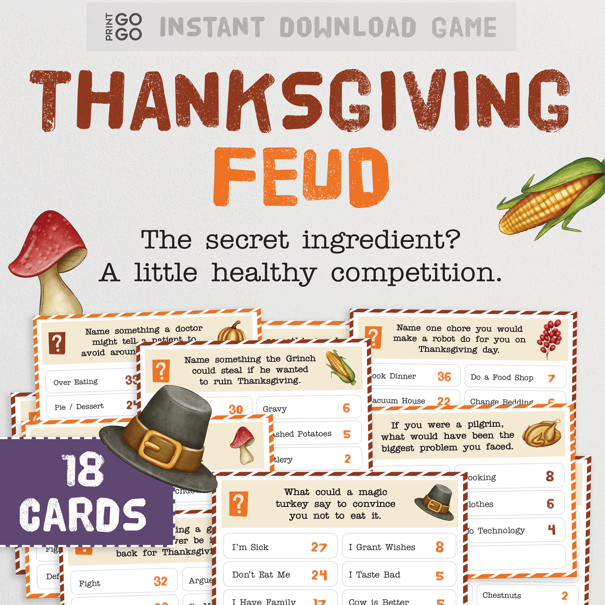 Thanksgiving Feud game with cards and corn illustration on a white background