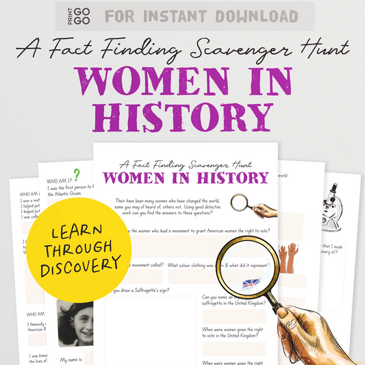 A printable educational poster and worksheet set titled 'A Fact Finding Scavenger Hunt: Women in History' shown on a light gray background. The design features large purple title text, sample worksheet pages fanned out, a yellow circular badge reading 'Learn Through Discovery,' and an illustrated hand holding a magnifying glass over a document.