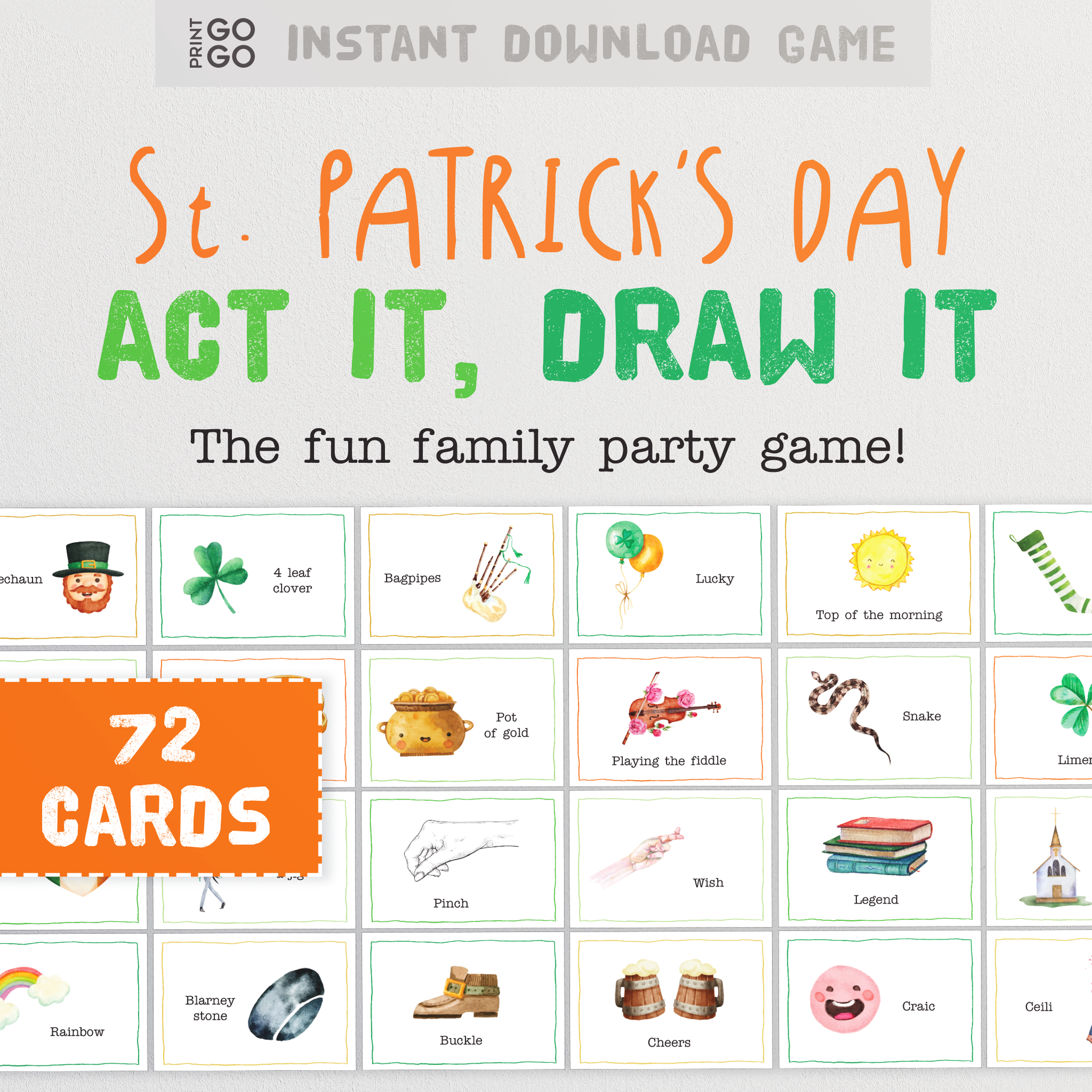 St. Patricks Day Act It, Draw It - The Family Party Game of Acting Out, Drawing and Guessing Phrases | Paddy's Day Family Charades Games