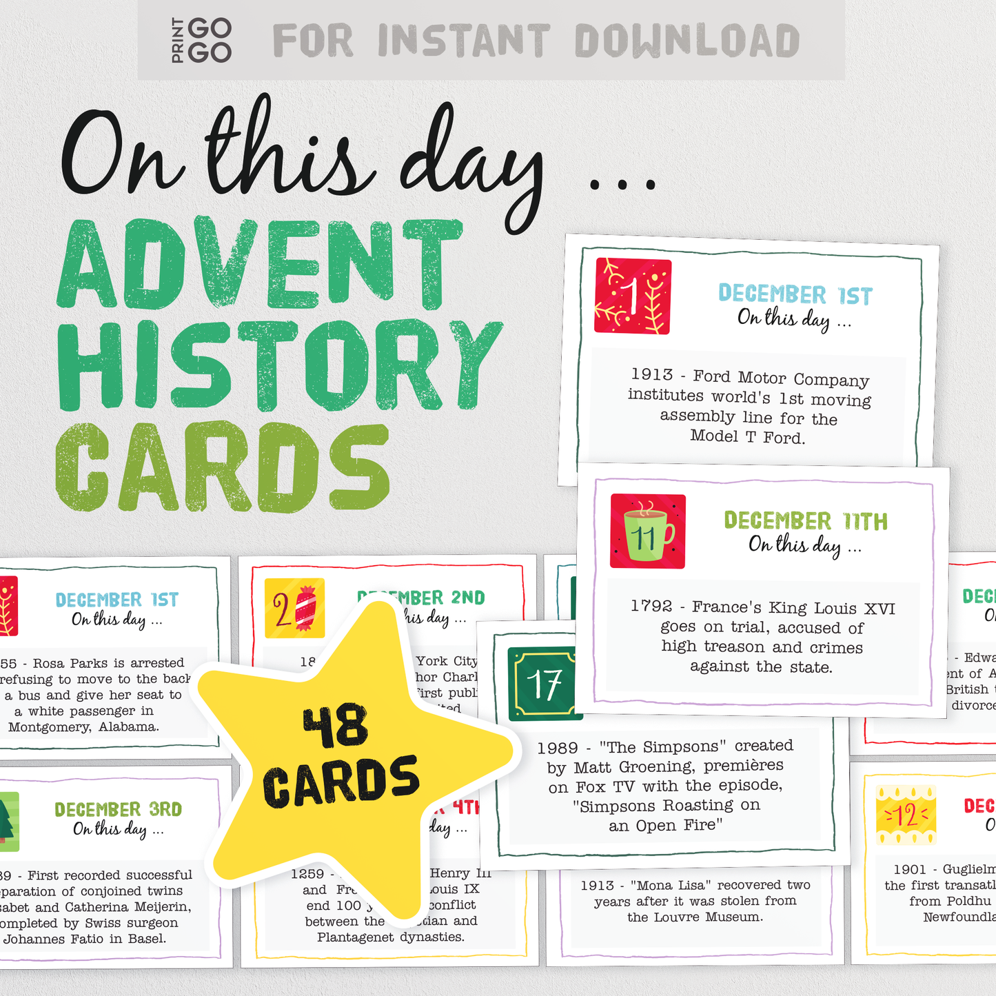 On this day ... Advent History Cards - A Fun and Educational Way to Countdown Christmas | 48 Christmas Advent Calendar Cards | Daily Trivia