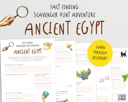 Sheet with ancient Egypt-themed scavenger hunt questions and illustrations on a white background.