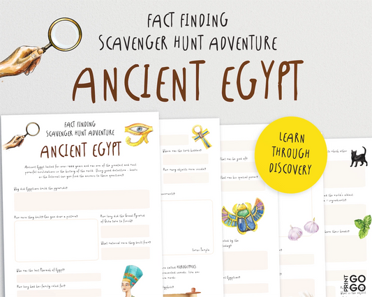 Sheet with ancient Egypt-themed scavenger hunt questions and illustrations on a white background.