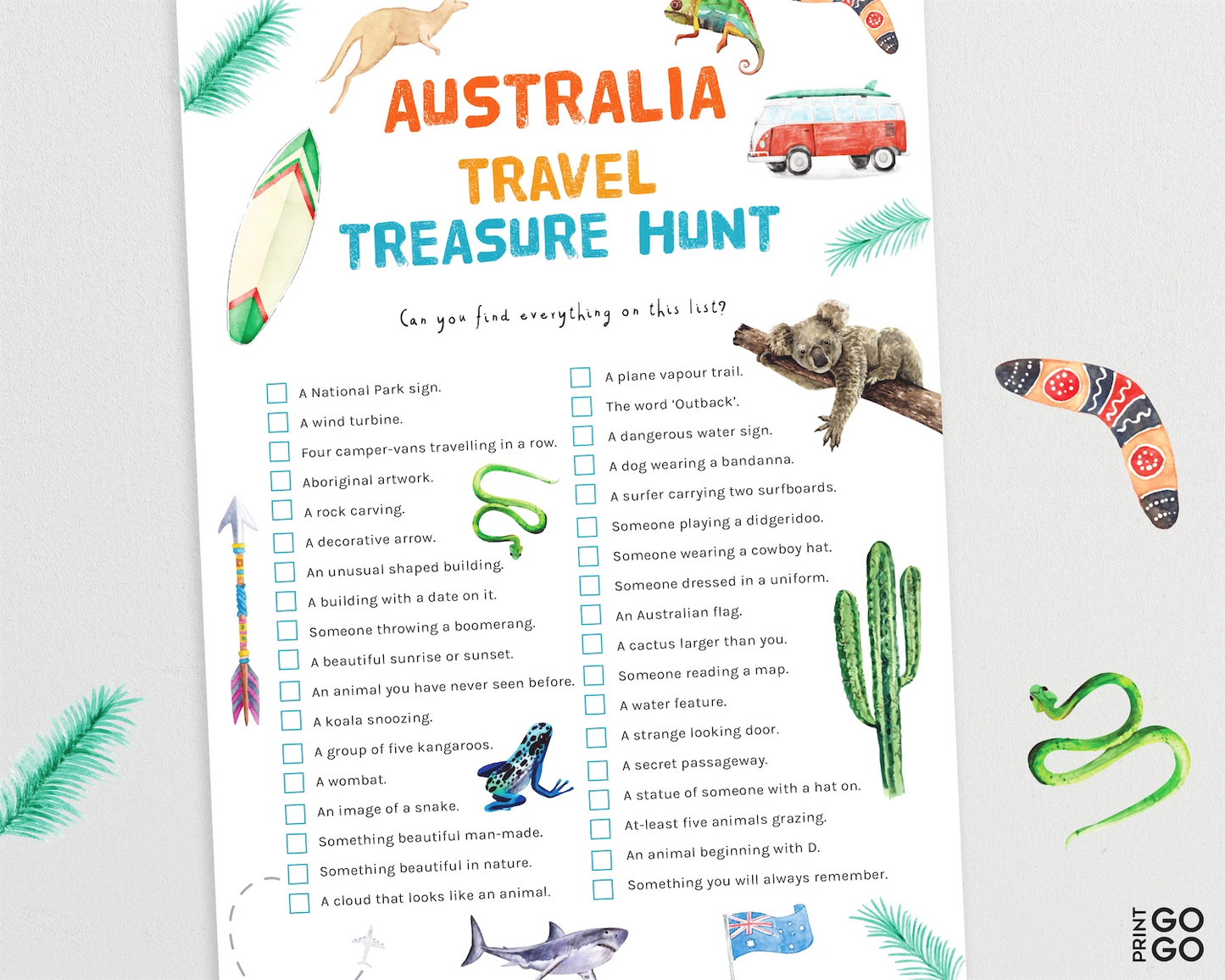 Australia Travel Treasure Hunt sheet with illustrations and text on a white background