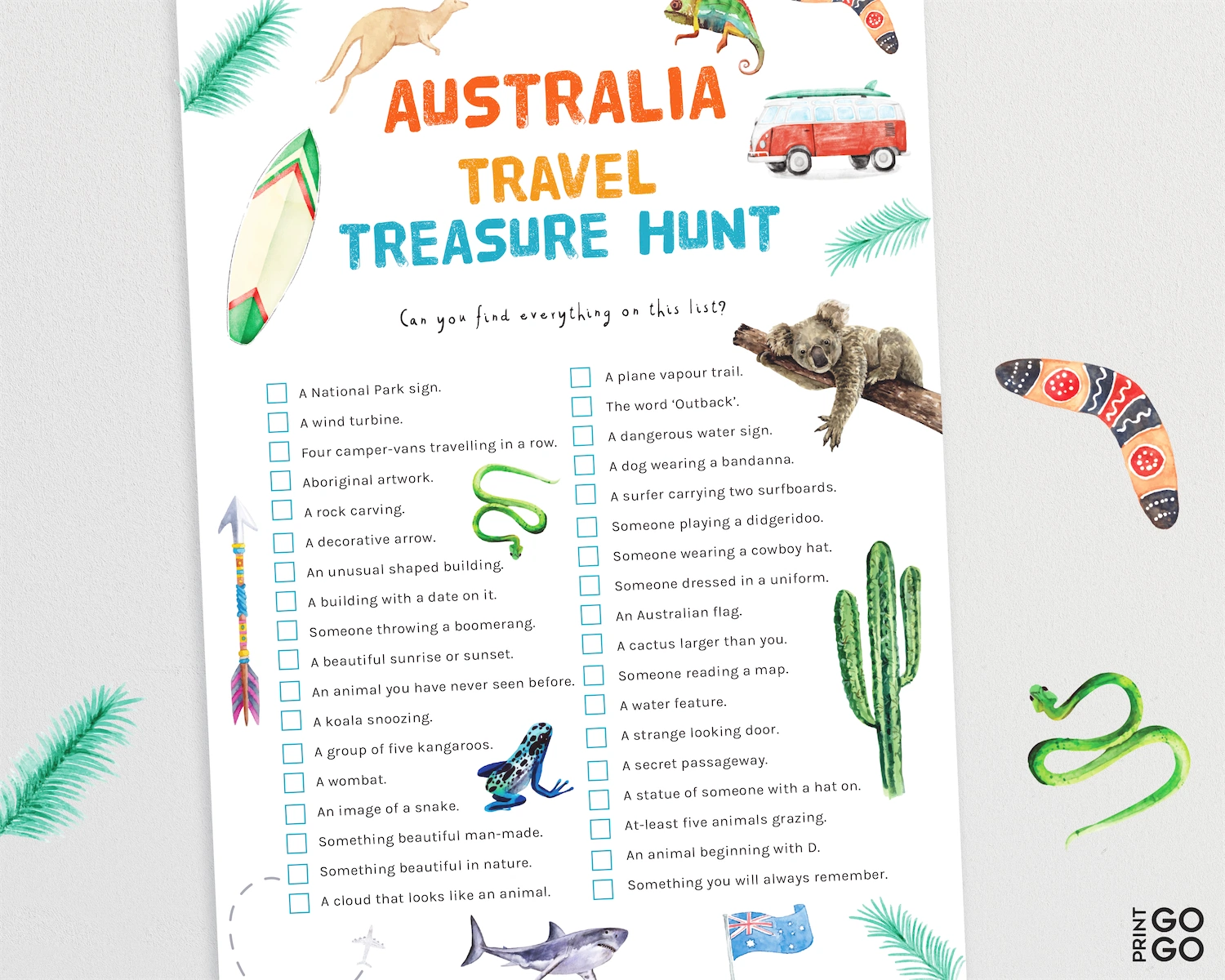Australia Travel Treasure Hunt sheet with illustrations and text on a white background