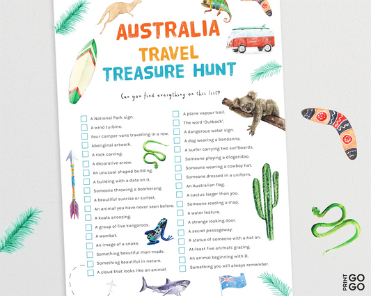 Australia Travel Treasure Hunt sheet with illustrations and text on a white background