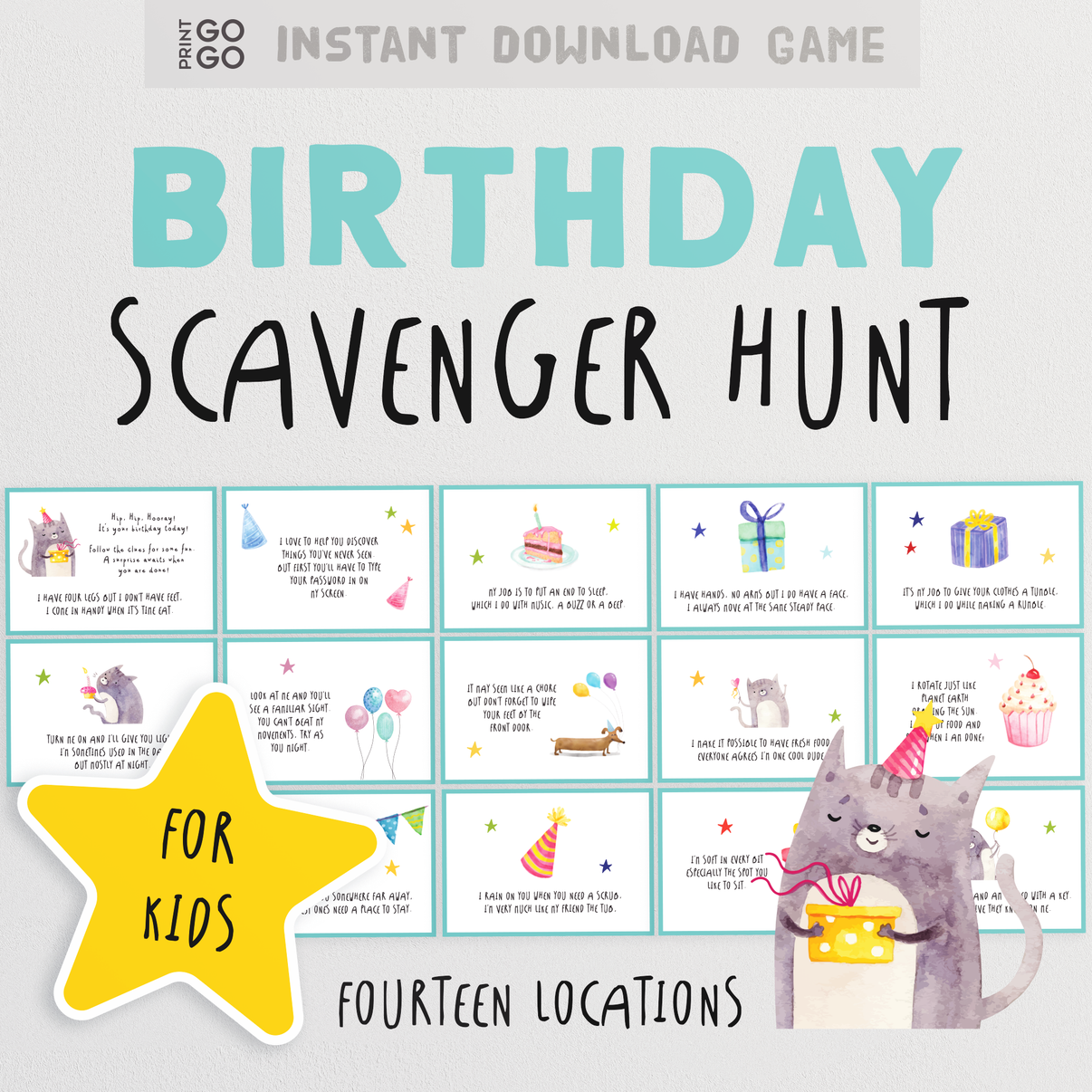 Birthday Scavenger Hunt - 14 Brain Teaser Clue Cards for Kids! – Print GoGo