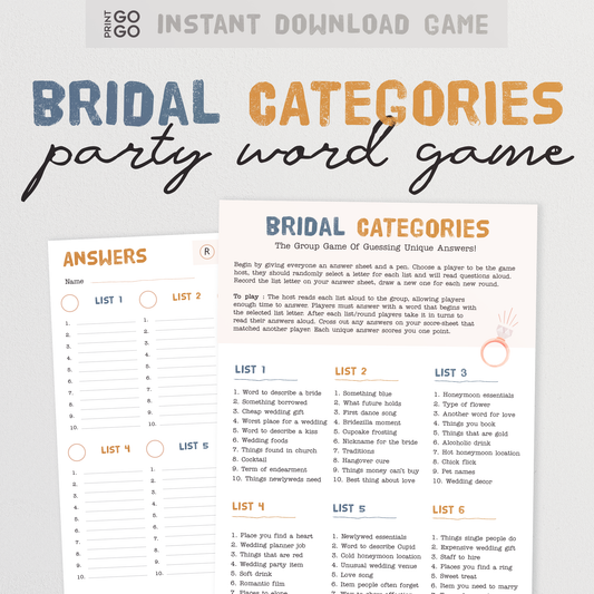 Bridal Categories - The Group Game Of Guessing Unique Answers and Scoring Points!