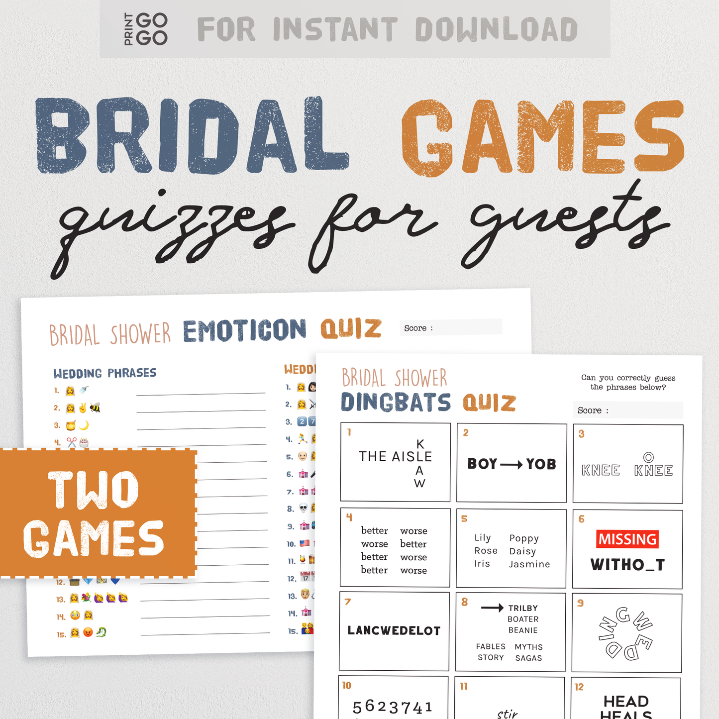 Bridal Shower Quiz Bundle - Fun Printable Brain Teaser Puzzles for Guests to Solve | Includes Film and Phrases Emoticon Quiz + Dingbats