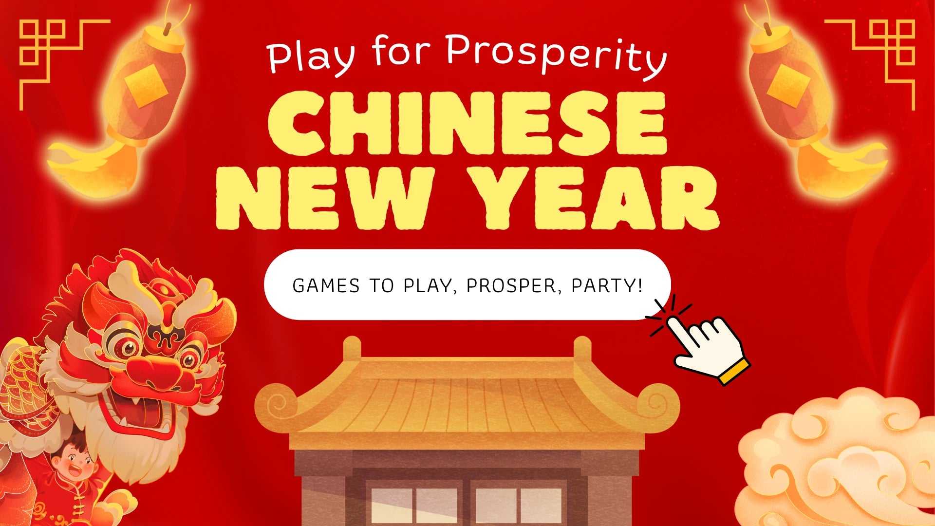 Promotional graphic for Chinese New Year with traditional elements and text on a red background.