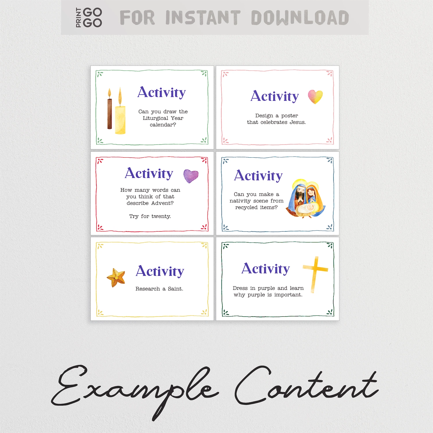 Example set of Christian advent activity cards.