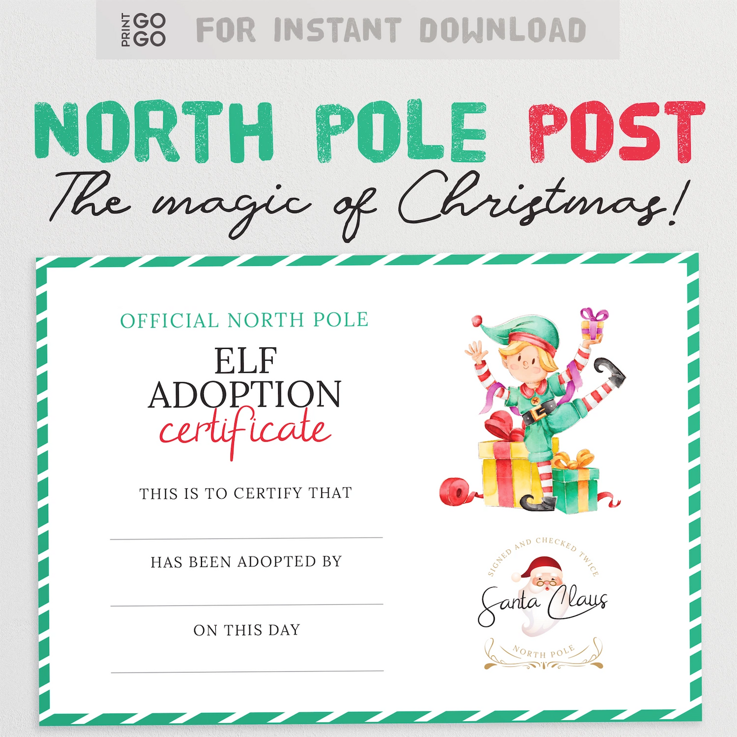 Elf adoption certificate from North Pole Post with a cartoon elf and Santa Claus logo on a white background.