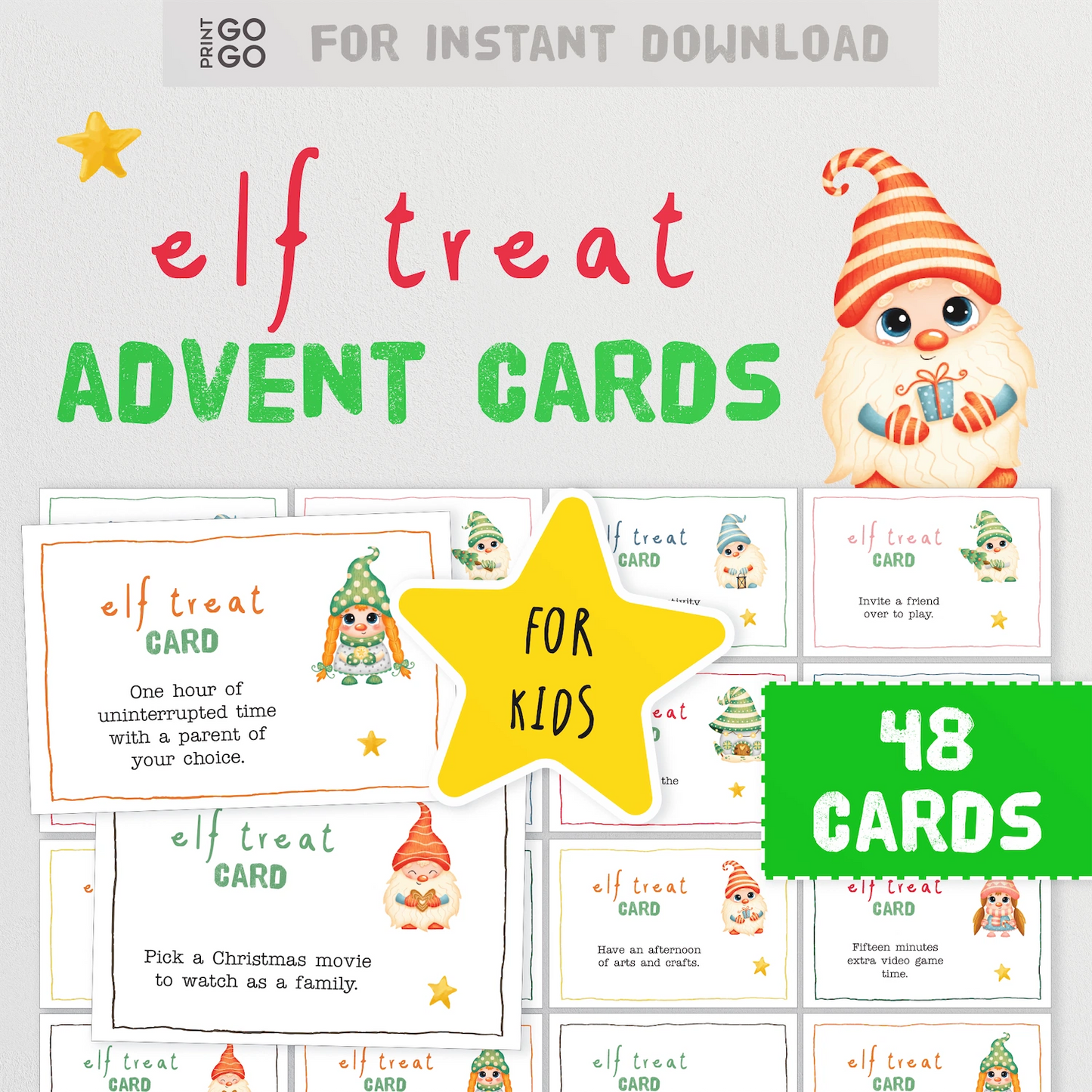 Instant download printable elf treat advent cards for children and homemade advent calendars.