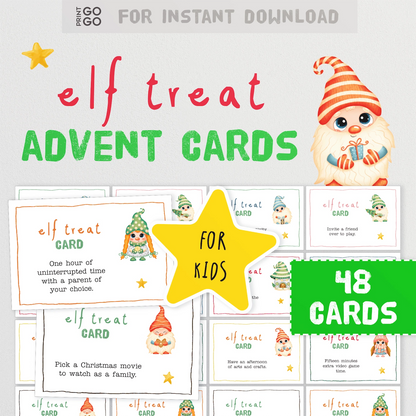 Instant download printable elf treat advent cards for children and homemade advent calendars.
