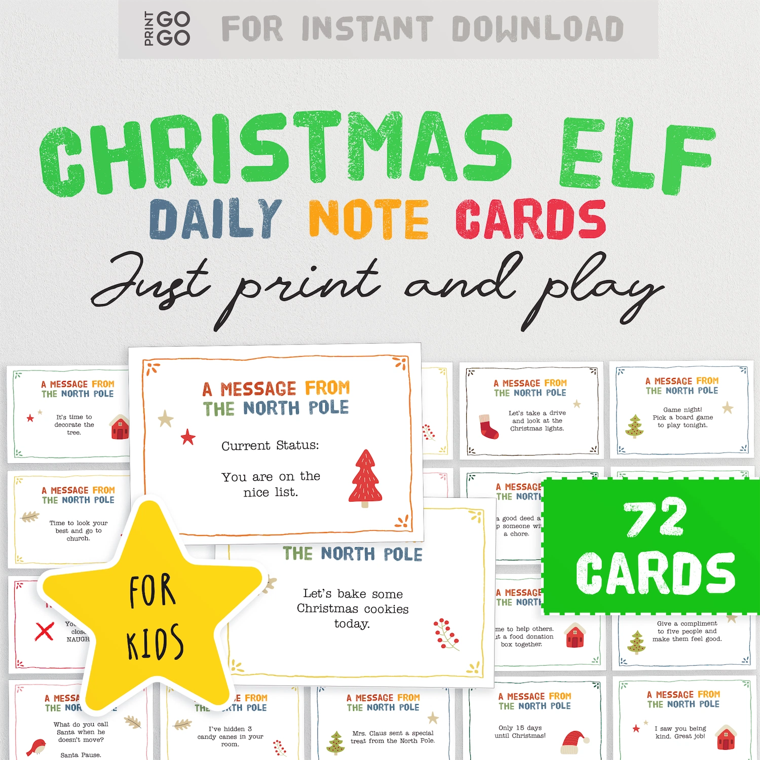 Christmas Elf Daily Note Cards with text 'Just print and play' on a white background